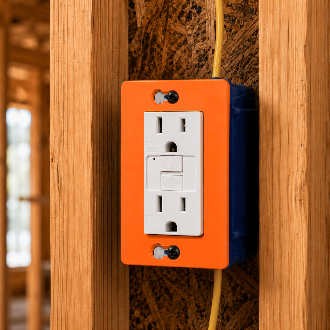 Orange electrical outlet cover with a white wall socket on a wooden wall.