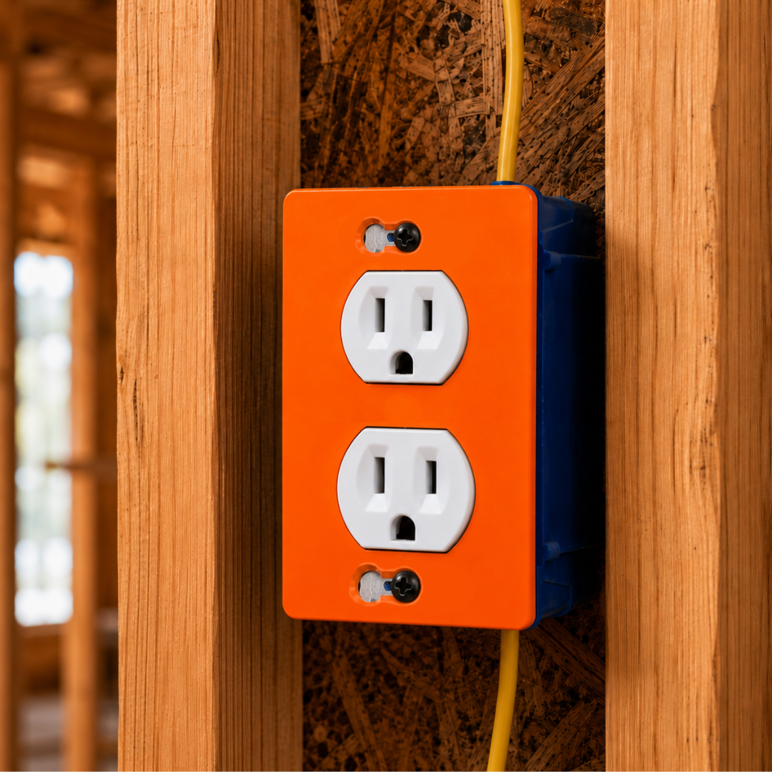Orange electrical outlet with two sockets on a wooden wall.