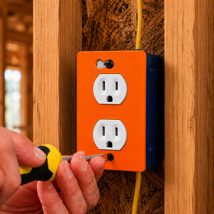Person installing an orange electrical outlet with a screwdriver.