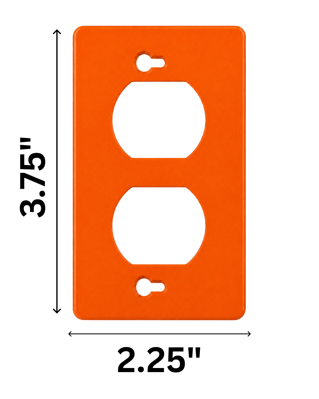 Orange wall plate with two white outlets and dimensions labeled