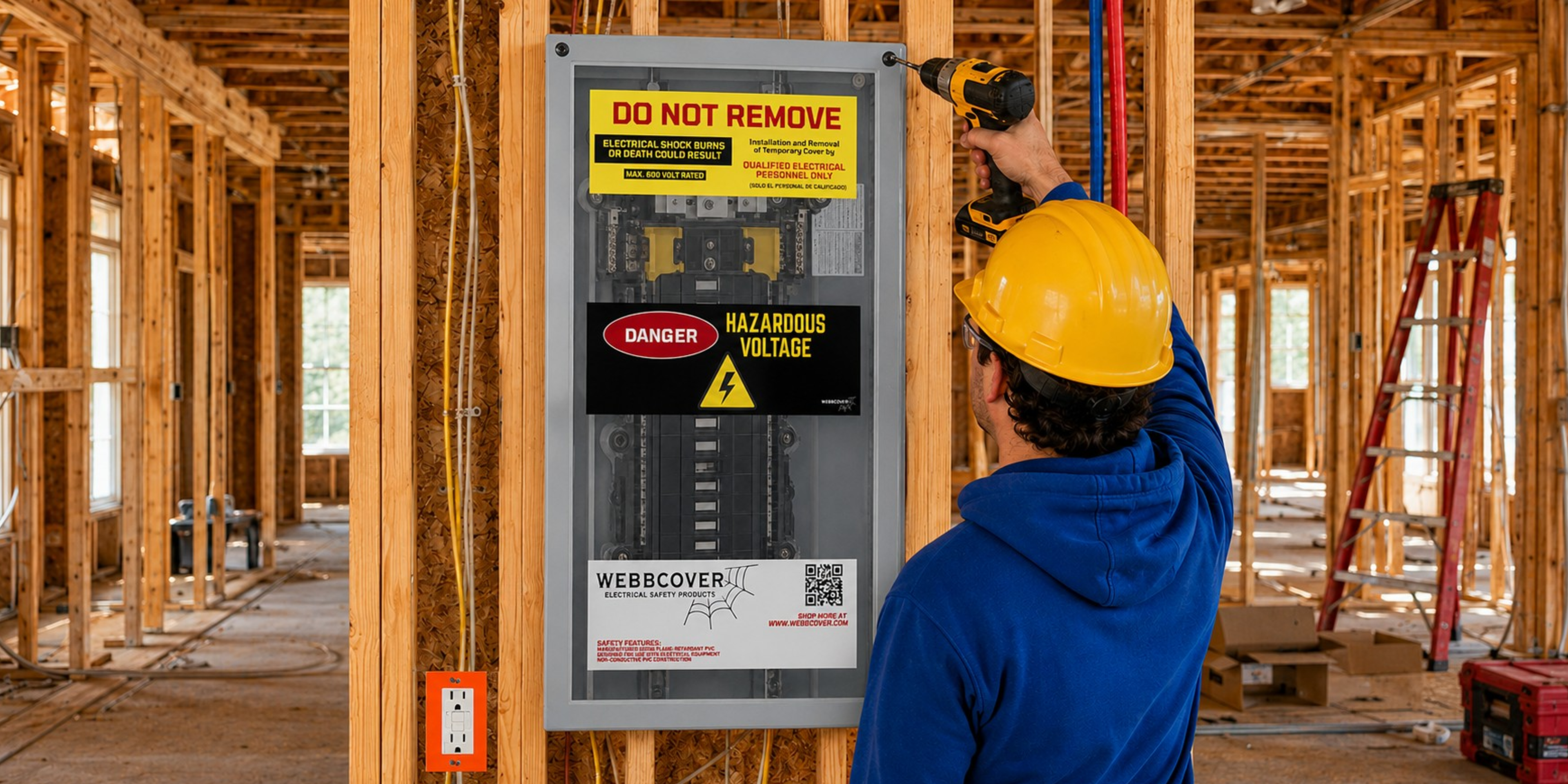 Person in a blue jacket and yellow hard hat interacting with a electrical panel in a construction site.
