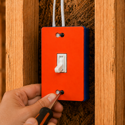 Person installing an orange light switch cover plate on a wooden wall.