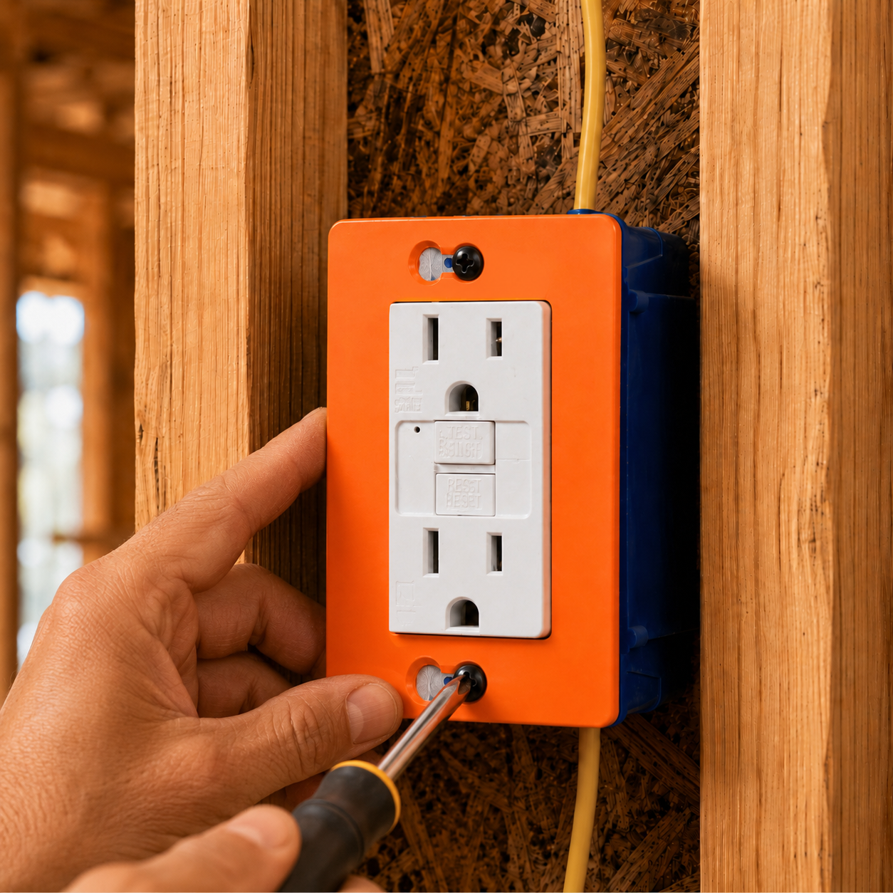Person installing an orange electrical outlet cover over a white electrical outlet.