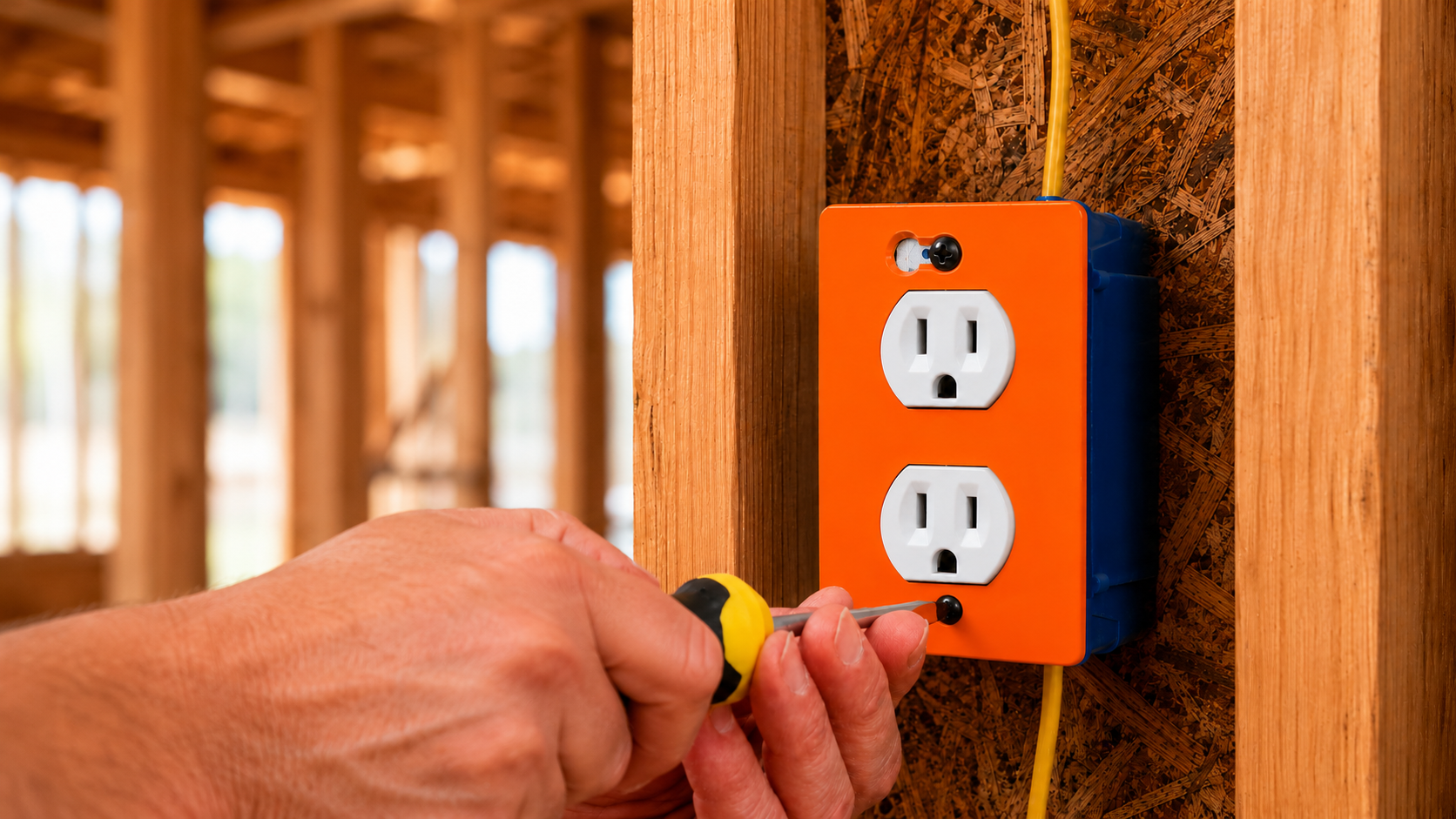 Person installing an webbcover safety electrical outlet in a wooden wall.