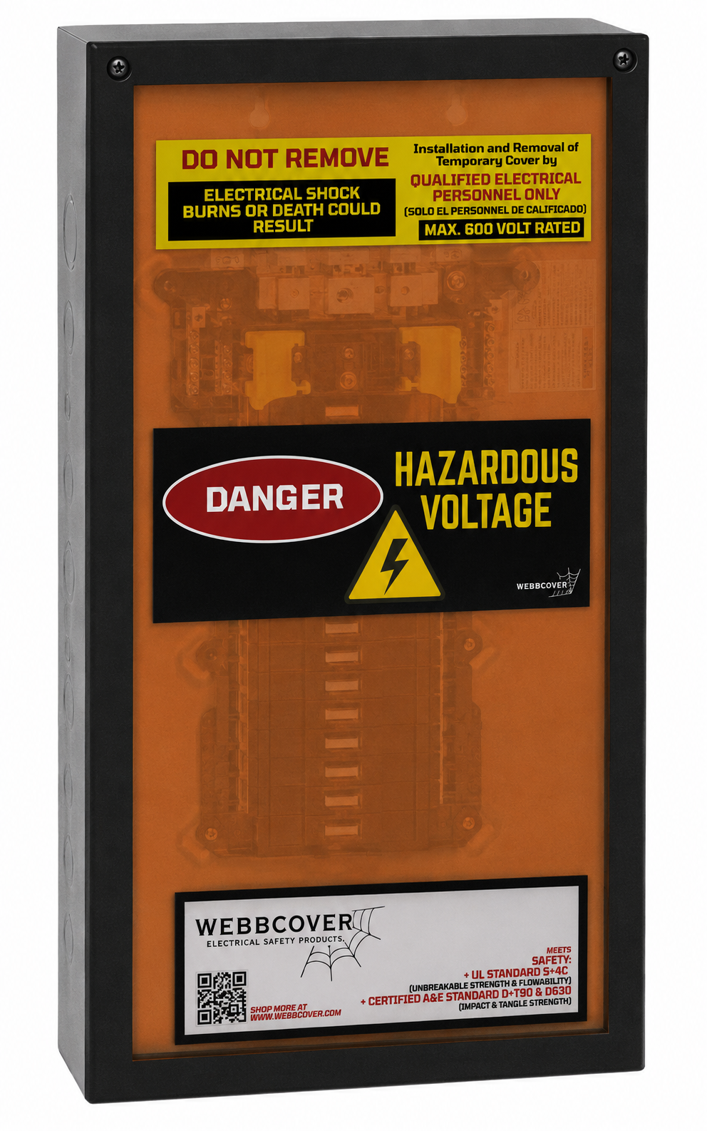 Electrical enclosure with hazardous voltage warning labels on an orange background