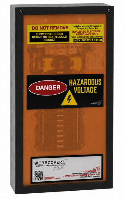 Electrical enclosure with hazardous voltage warning labels on an orange background