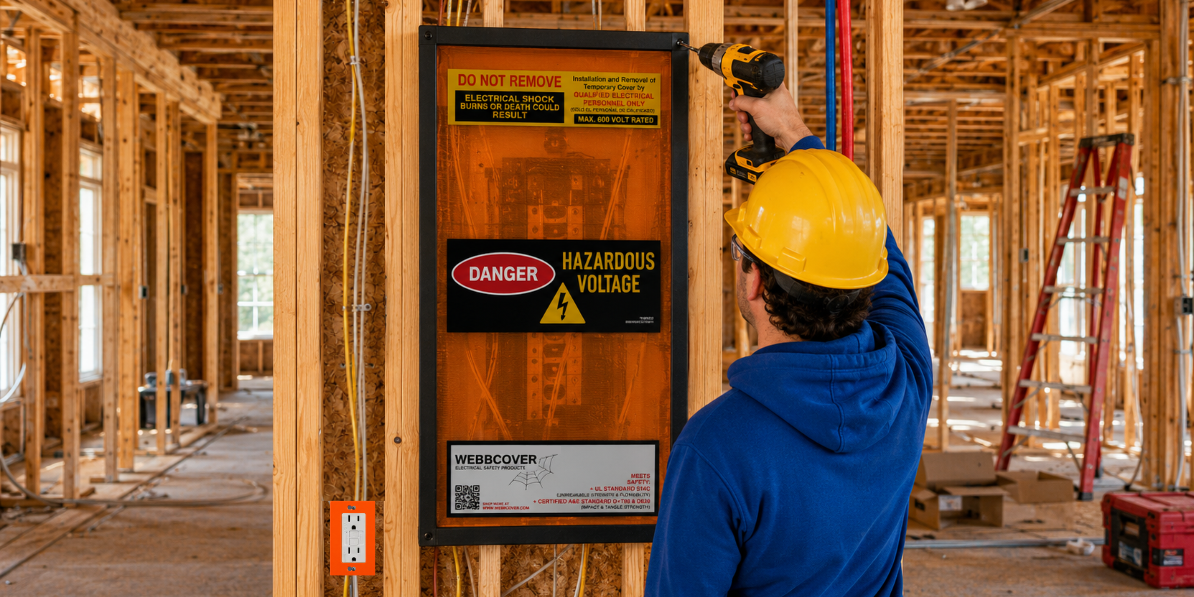 Person in a blue hoodie and yellow hard hat inspecting a warning sign on a wooden wall in a construction site.