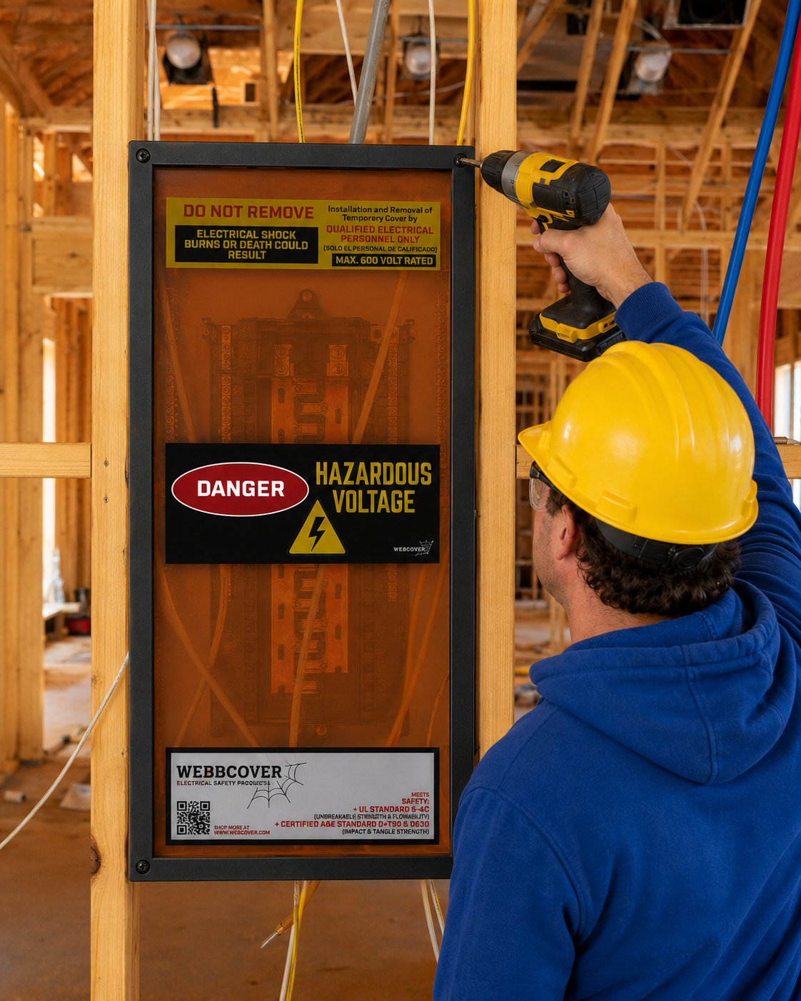 Worker screwing in the temporary panel cover made by webbcover
