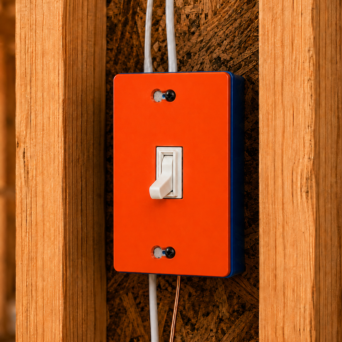 Orange light switch panel with white switch on a wooden wall.